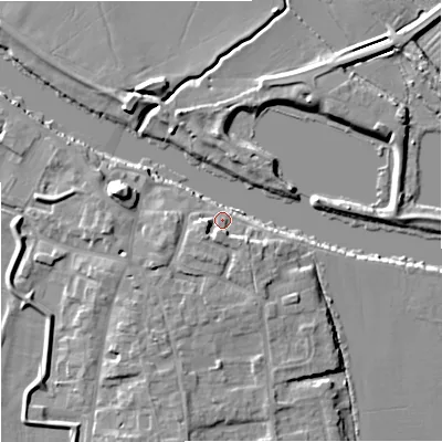 Shaded relief map of the ground around WR80JD, computed from Environment Agency LiDAR. The ground here sits at about 13 m above sea level and falls 9 m across the surrounding 800 m. Surface water reaching this point runs off ground lying to the south-south-west, 4.6 m higher.