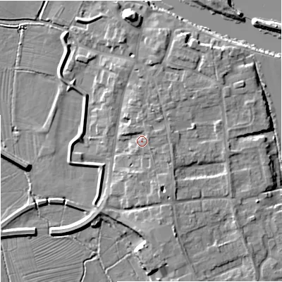 Shaded relief map of the ground around WR80JG, computed from Environment Agency LiDAR. The ground here sits at about 15 m above sea level and falls 9 m across the surrounding 800 m. Surface water reaching this point runs off ground lying to the east-north-east, 2.0 m higher.