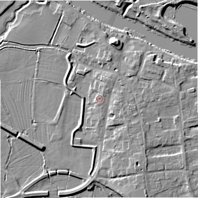 Shaded relief map of the ground around WR80JH, computed from Environment Agency LiDAR. The ground here sits at about 14 m above sea level and falls 9 m across the surrounding 800 m. Surface water reaching this point runs off ground lying to the north-east, 1.5 m higher.
