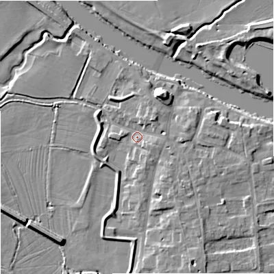 Shaded relief map of the ground around WR80JJ, computed from Environment Agency LiDAR. The ground here sits at about 13 m above sea level and falls 9 m across the surrounding 800 m. Surface water reaching this point runs off ground lying to the north-east, 2.9 m higher.