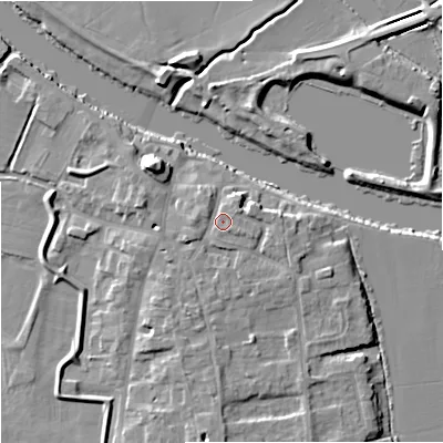 Shaded relief map of the ground around WR80JL, computed from Environment Agency LiDAR. The ground here sits at about 15 m above sea level and falls 9 m across the surrounding 800 m. Surface water reaching this point runs off ground lying to the south, 2.6 m higher.