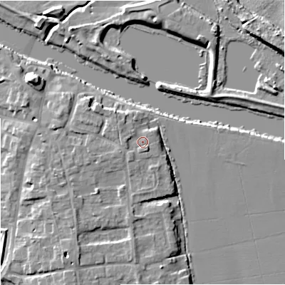 Shaded relief map of the ground around WR80JP, computed from Environment Agency LiDAR. The ground here sits at about 14 m above sea level and falls 9 m across the surrounding 800 m. Surface water reaching this point runs off ground lying to the west, 1.3 m higher.