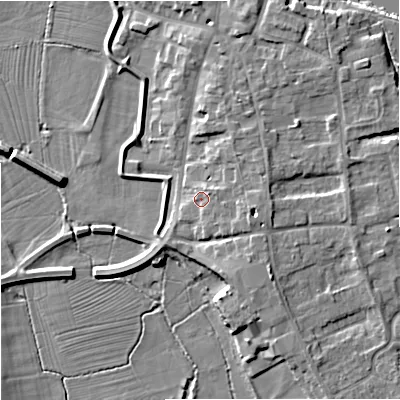 Shaded relief map of the ground around WR80JQ, computed from Environment Agency LiDAR. The ground here sits at about 15 m above sea level and falls 8 m across the surrounding 800 m. Surface water reaching this point runs off ground lying to the east-north-east, 1.5 m higher.