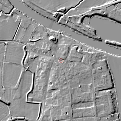 Shaded relief map of the ground around WR80JS, computed from Environment Agency LiDAR. The ground here sits at about 14 m above sea level and falls 9 m across the surrounding 800 m. Surface water reaching this point runs off ground lying to the south, 2.1 m higher.