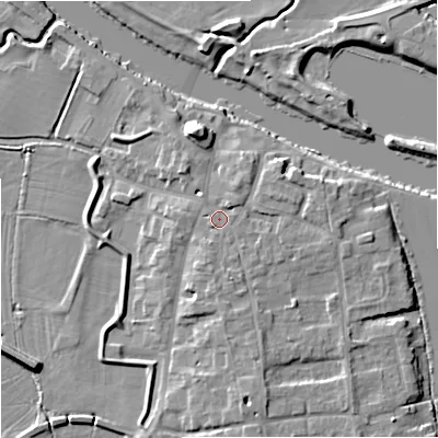 Shaded relief map of the ground around WR80JT, computed from Environment Agency LiDAR. The ground here sits at about 15 m above sea level and falls 9 m across the surrounding 800 m. Surface water reaching this point runs off ground lying to the south-south-east, 1.9 m higher.