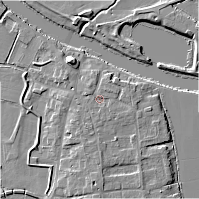 Shaded relief map of the ground around WR80JX, computed from Environment Agency LiDAR. The ground here sits at about 14 m above sea level and falls 9 m across the surrounding 800 m. Surface water reaching this point runs off ground lying to the north-east, 1.5 m higher.