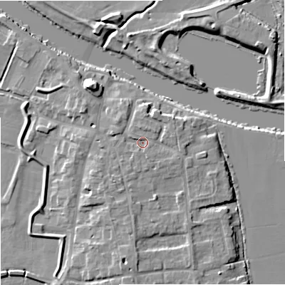Shaded relief map of the ground around WR80JY, computed from Environment Agency LiDAR. The ground here sits at about 14 m above sea level and falls 9 m across the surrounding 800 m. Surface water reaching this point runs off ground lying to the north-north-east, 1.5 m higher.