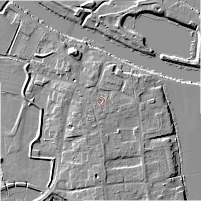 Shaded relief map of the ground around WR80JZ, computed from Environment Agency LiDAR. The ground here sits at about 15 m above sea level and falls 9 m across the surrounding 800 m. Surface water reaching this point runs off ground lying to the south, 1.0 m higher.