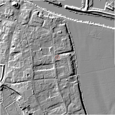 Shaded relief map of the ground around WR80LL, computed from Environment Agency LiDAR. The ground here sits at about 14 m above sea level and falls 9 m across the surrounding 800 m. Surface water reaching this point runs off ground lying to the south, 1.9 m higher.