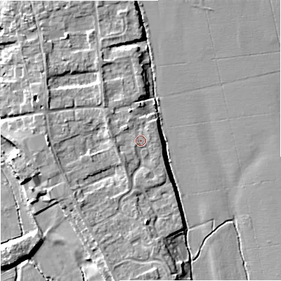 Shaded relief map of the ground around WR80LP, computed from Environment Agency LiDAR. The ground here sits at about 14 m above sea level and falls 8 m across the surrounding 800 m. Surface water reaching this point runs off ground lying to the west, 1.5 m higher.