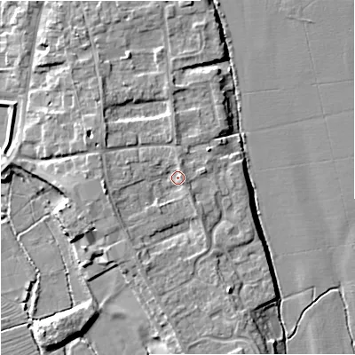 Shaded relief map of the ground around WR80LW, computed from Environment Agency LiDAR. The ground here sits at about 15 m above sea level and falls 8 m across the surrounding 800 m. Surface water reaching this point runs off ground lying to the west-south-west, 3.9 m higher.