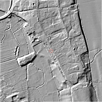 Shaded relief map of the ground around WR80LX, computed from Environment Agency LiDAR. The ground here sits at about 15 m above sea level and falls 8 m across the surrounding 800 m. Surface water reaching this point runs off ground lying to the north, 1.7 m higher.