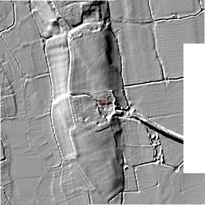 Shaded relief map of the ground around WR80NJ, computed from Environment Agency LiDAR. The ground here sits at about 13 m above sea level and falls 6 m across the surrounding 800 m. Surface water reaching this point runs off ground lying to the north, 2.6 m higher.