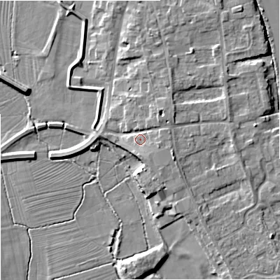 Shaded relief map of the ground around WR80NL, computed from Environment Agency LiDAR. The ground here sits at about 15 m above sea level and falls 8 m across the surrounding 800 m. Surface water reaching this point runs off ground lying to the north-east, 2.6 m higher.