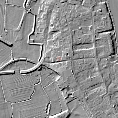 Shaded relief map of the ground around WR80NN, computed from Environment Agency LiDAR. The ground here sits at about 16 m above sea level and falls 8 m across the surrounding 800 m. Surface water reaching this point runs off ground lying to the east-north-east, 2.6 m higher.