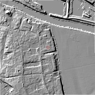 Shaded relief map of the ground around WR80NR, computed from Environment Agency LiDAR. The ground here sits at about 14 m above sea level and falls 9 m across the surrounding 800 m. Surface water reaching this point runs off ground lying to the south-west, 3.1 m higher.