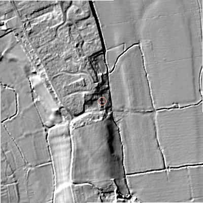 Shaded relief map of the ground around WR80NT, computed from Environment Agency LiDAR. The ground here sits at about 13 m above sea level and falls 7 m across the surrounding 800 m. Surface water reaching this point runs off ground lying to the west-north-west, 2.9 m higher.