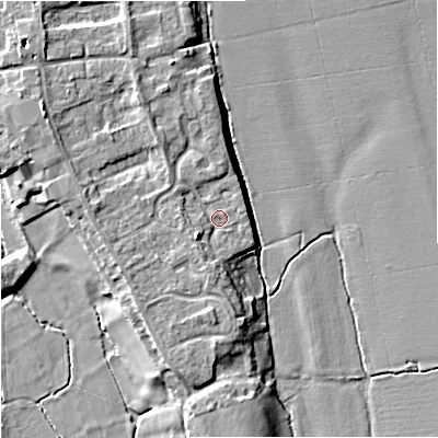 Shaded relief map of the ground around WR80NU, computed from Environment Agency LiDAR. The ground here sits at about 14 m above sea level and falls 8 m across the surrounding 800 m. Surface water reaching this point runs off ground lying to the west-north-west, 4.1 m higher.