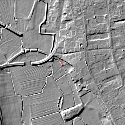 Shaded relief map of the ground around WR80NW, computed from Environment Agency LiDAR. The ground here sits at about 12 m above sea level and falls 8 m across the surrounding 800 m. Surface water reaching this point runs off ground lying to the west, 4.7 m higher.