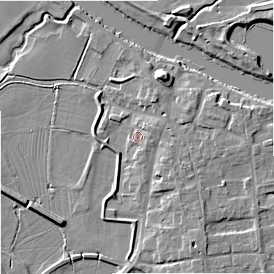 Shaded relief map of the ground around WR80NX, computed from Environment Agency LiDAR. The ground here sits at about 14 m above sea level and falls 9 m across the surrounding 800 m. Surface water reaching this point runs off ground lying to the east, 2.0 m higher.
