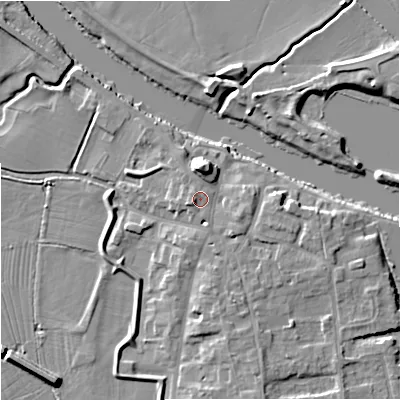 Shaded relief map of the ground around WR80NZ, computed from Environment Agency LiDAR. The ground here sits at about 14 m above sea level and falls 9 m across the surrounding 800 m. Surface water reaching this point runs off ground lying to the west-south-west, 1.5 m higher.