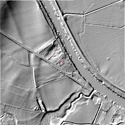 Shaded relief map of the ground around WR80PA, computed from Environment Agency LiDAR. The ground here sits at about 14 m above sea level and falls 11 m across the surrounding 800 m. Surface water reaching this point runs off ground lying to the west, 1.0 m higher.