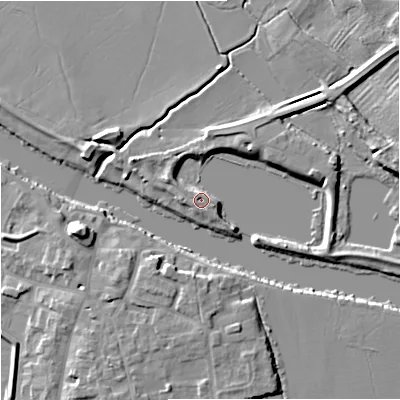 Shaded relief map of the ground around WR80PB, computed from Environment Agency LiDAR. The ground here sits at about 12 m above sea level and falls 9 m across the surrounding 800 m. Surface water reaching this point runs off ground lying to the east, 3.2 m higher.