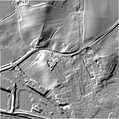 Shaded relief map of the ground around WR80PD, computed from Environment Agency LiDAR. The ground here sits at about 18 m above sea level and falls 15 m across the surrounding 800 m. Surface water reaching this point runs off ground lying to the south, 5.0 m higher.