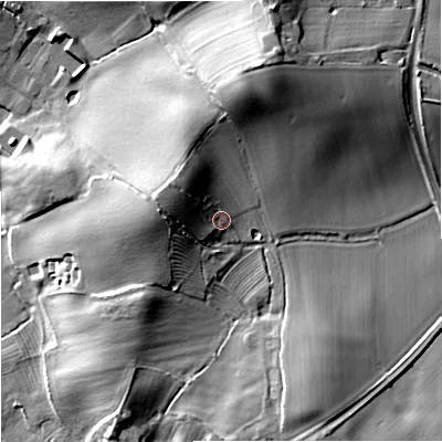 Shaded relief map of the ground around WR80PF, computed from Environment Agency LiDAR. The ground here sits at about 24 m above sea level and falls 28 m across the surrounding 800 m. Surface water reaching this point runs off ground lying to the west-north-west, 8.6 m higher.