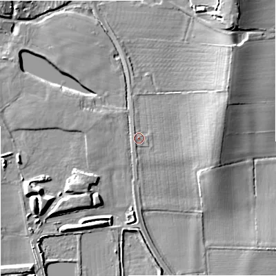 Shaded relief map of the ground around WR80PU, computed from Environment Agency LiDAR. The ground here sits at about 20 m above sea level and falls 12 m across the surrounding 800 m. Surface water reaching this point runs off ground lying to the south-south-west, 1.4 m higher.