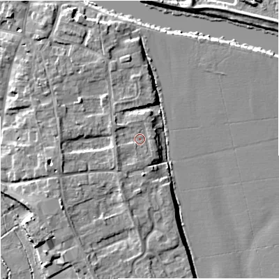 Shaded relief map of the ground around WR80QE, computed from Environment Agency LiDAR. The ground here sits at about 14 m above sea level and falls 8 m across the surrounding 800 m. Surface water reaching this point runs off ground lying to the south-west, 2.0 m higher.