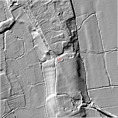 Shaded relief map of the ground around WR80QG, computed from Environment Agency LiDAR. The ground here sits at about 14 m above sea level and falls 7 m across the surrounding 800 m. Surface water reaching this point runs off ground lying to the north-north-west, 2.0 m higher.