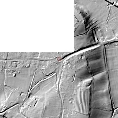 Shaded relief map of the ground around WR80QL, computed from Environment Agency LiDAR. The ground here sits at about 33 m above sea level and falls 25 m across the surrounding 800 m. Surface water reaching this point runs off ground lying to the north-north-west, 2.5 m higher.