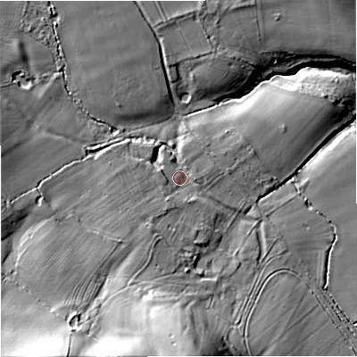 Shaded relief map of the ground around WR80RA, computed from Environment Agency LiDAR. The ground here sits at about 19 m above sea level and falls 32 m across the surrounding 800 m. Surface water reaching this point runs off ground lying to the south-south-west, 24.3 m higher.
