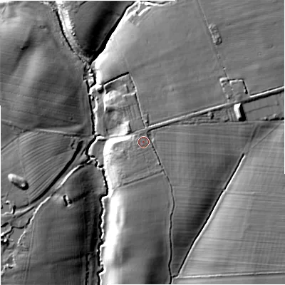 Shaded relief map of the ground around WR80RJ, computed from Environment Agency LiDAR. The ground here sits at about 20 m above sea level and falls 14 m across the surrounding 800 m. Surface water reaching this point runs off ground lying to the east-north-east, 1.3 m higher.