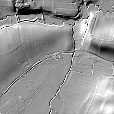 Shaded relief map of the ground around WR80RW, computed from Environment Agency LiDAR. The ground here sits at about 22 m above sea level and falls 22 m across the surrounding 800 m. Surface water reaching this point runs off ground lying to the south-east, 20.3 m higher.