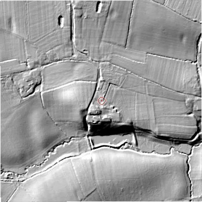 Shaded relief map of the ground around WR80ST, computed from Environment Agency LiDAR. The ground here sits at about 30 m above sea level and falls 14 m across the surrounding 800 m. Surface water reaching this point runs off ground lying to the south-west, 4.8 m higher.