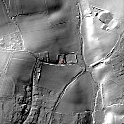 Shaded relief map of the ground around WR89AA, computed from Environment Agency LiDAR. The ground here sits at about 19 m above sea level and falls 26 m across the surrounding 800 m. Surface water reaching this point runs off ground lying to the west, 21.6 m higher.