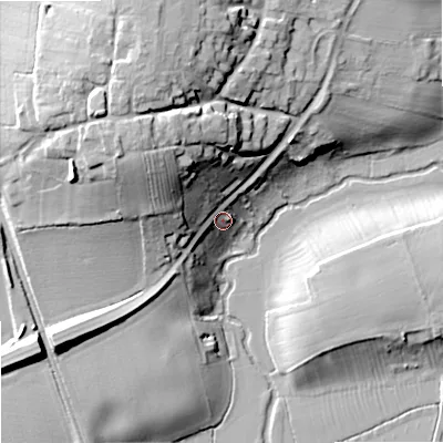 Shaded relief map of the ground around WR89BA, computed from Environment Agency LiDAR. The ground here sits at about 18 m above sea level and falls 28 m across the surrounding 800 m. Surface water reaching this point runs off ground lying to the north-west, 22.0 m higher.