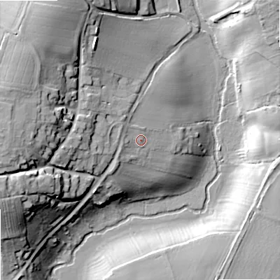 Shaded relief map of the ground around WR89BD, computed from Environment Agency LiDAR. The ground here sits at about 23 m above sea level and falls 27 m across the surrounding 800 m. Surface water reaching this point runs off ground lying to the west-north-west, 2.7 m higher.