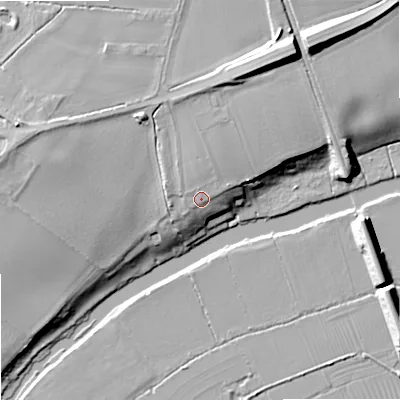 Shaded relief map of the ground around WR89BU, computed from Environment Agency LiDAR. The ground here sits at about 19 m above sea level and falls 16 m across the surrounding 800 m. Surface water reaching this point runs off ground lying to the north, 2.5 m higher.