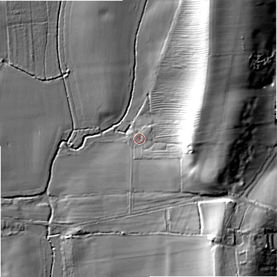 Shaded relief map of the ground around WR89DF, computed from Environment Agency LiDAR. The ground here sits at about 18 m above sea level and falls 18 m across the surrounding 800 m. Surface water reaching this point runs off ground lying to the east, 14.4 m higher.