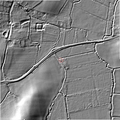 Shaded relief map of the ground around WR89DH, computed from Environment Agency LiDAR. The ground here sits at about 14 m above sea level and falls 10 m across the surrounding 800 m. Surface water reaching this point runs off ground lying to the south-west, 6.5 m higher.