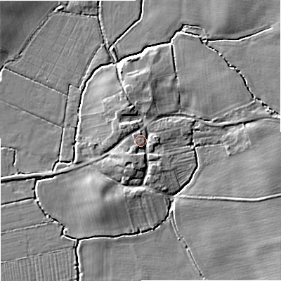 Shaded relief map of the ground around WR89DQ, computed from Environment Agency LiDAR. The ground here sits at about 17 m above sea level and falls 5 m across the surrounding 800 m. Surface water reaching this point runs off ground lying to the south-south-west, 2.0 m higher.