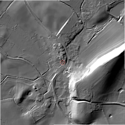 Shaded relief map of the ground around WR89JA, computed from Environment Agency LiDAR. The ground here sits at about 15 m above sea level and falls 33 m across the surrounding 800 m. Surface water reaching this point runs off ground lying to the east-south-east, 24.3 m higher.