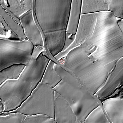 Shaded relief map of the ground around WR89JE, computed from Environment Agency LiDAR. The ground here sits at about 13 m above sea level and falls 15 m across the surrounding 800 m. Surface water reaching this point runs off ground lying to the north-east, 1.9 m higher.