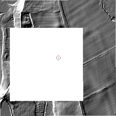 Shaded relief map of the ground around WR89JF, computed from Environment Agency LiDAR. and falls 8 m across the surrounding 800 m.