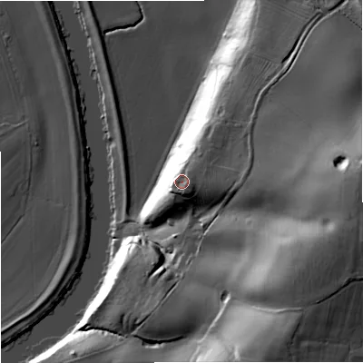 Shaded relief map of the ground around WR89JG, computed from Environment Agency LiDAR. The ground here sits at about 32 m above sea level and falls 42 m across the surrounding 800 m. Surface water reaching this point runs off ground lying to the east-south-east, 4.5 m higher.