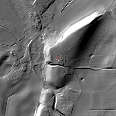 Shaded relief map of the ground around WR89JN, computed from Environment Agency LiDAR. The ground here sits at about 31 m above sea level and falls 33 m across the surrounding 800 m. Surface water reaching this point runs off ground lying to the north-east, 10.7 m higher.
