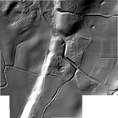 Shaded relief map of the ground around WR89JP, computed from Environment Agency LiDAR. The ground here sits at about 25 m above sea level and falls 41 m across the surrounding 800 m. Surface water reaching this point runs off ground lying to the south-west, 2.3 m higher.
